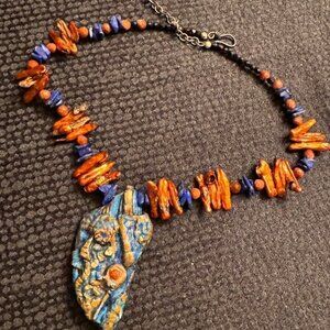 Festive Colorful Necklace Biwa Pearl Pendant Cleopatra Genuine Lapis Lazuli